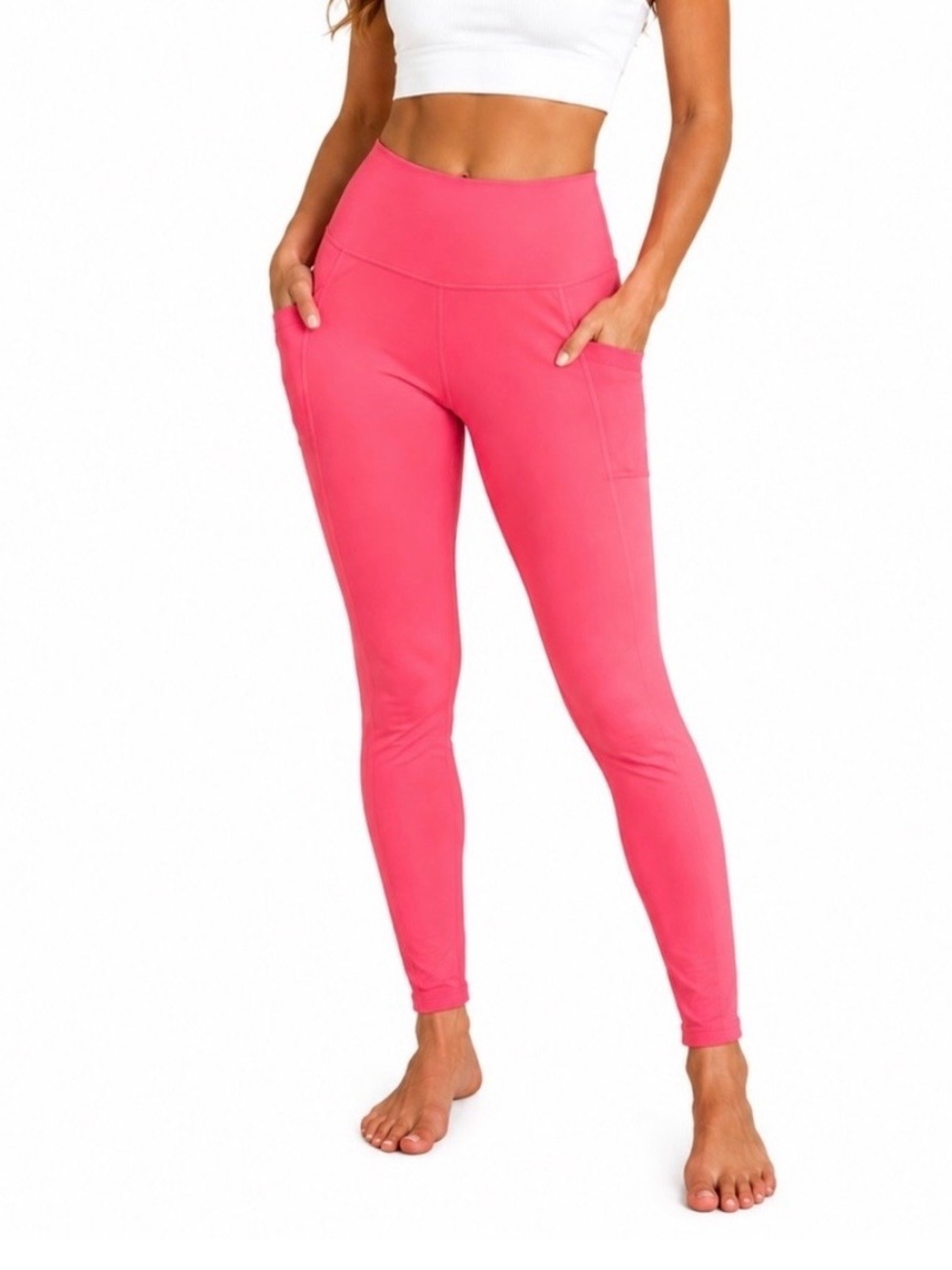 Athleta Transcend 7/8 Leggings Coral Pink XS High Rise Stash Pocket Yoga Pants